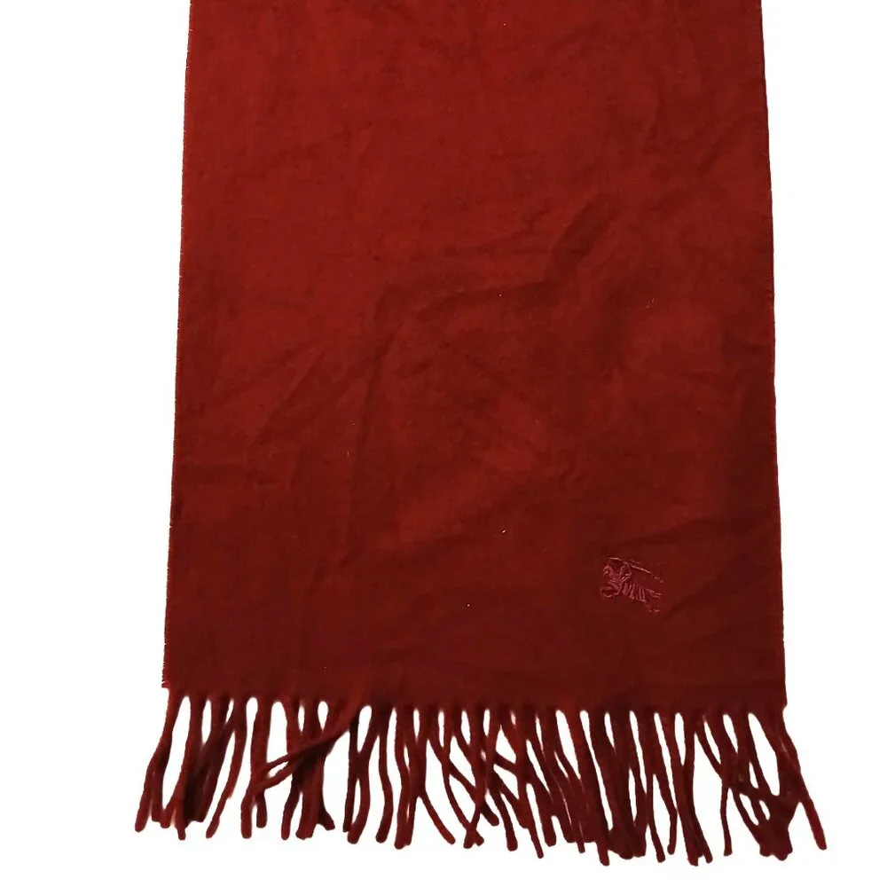 Luxury Vintage Burgundy Burberry Lambs Wool Scarf Embroidered Logo Winter Scarf - Picture 3 of 6